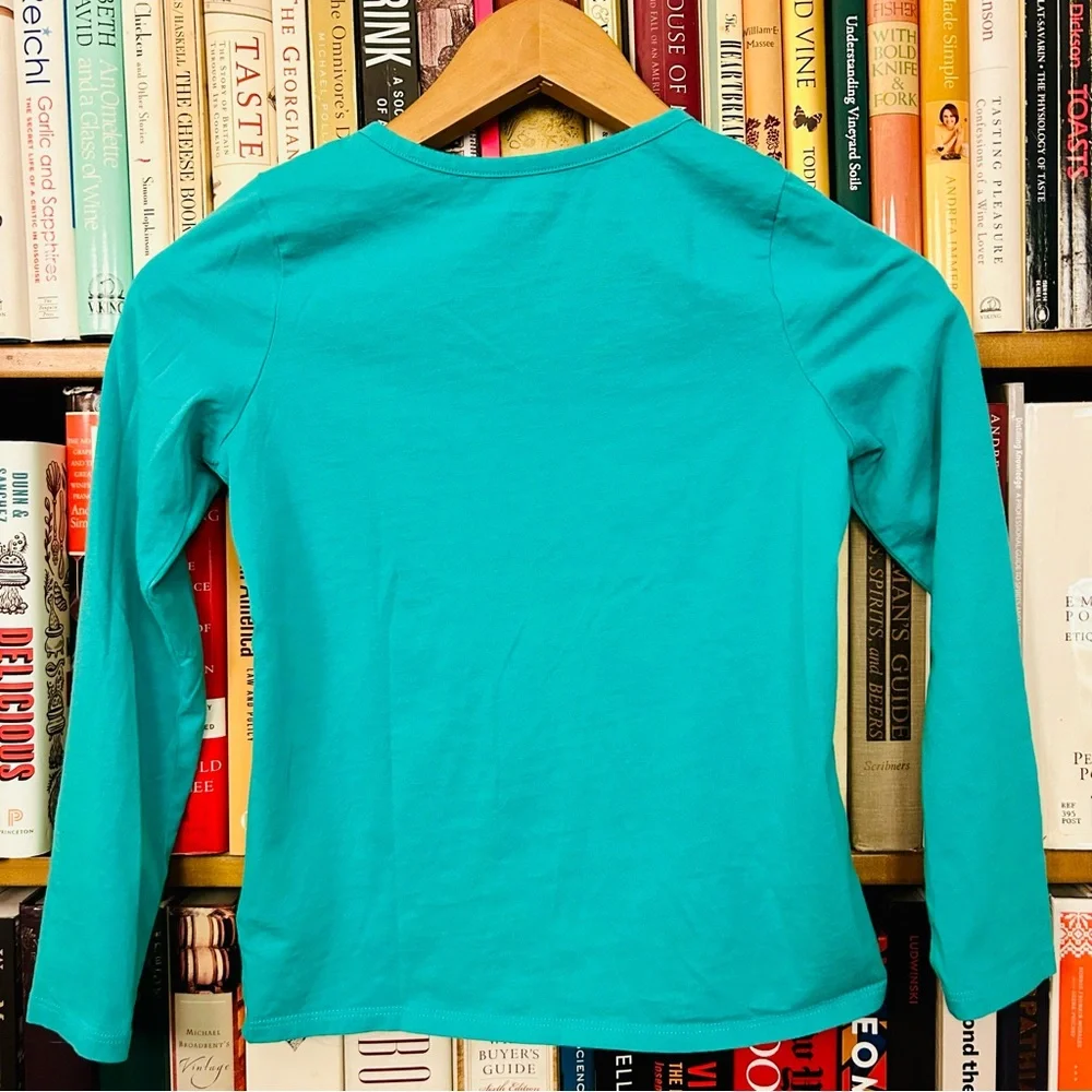 Lands' End Teal Sequin Rainbow Heart Game On Long Sleeve T-Shirt sz Small 7-8